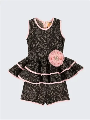 Girls Black Embossed Lace Sleeveless Double Peplum Top with Flower Clip And Short Set