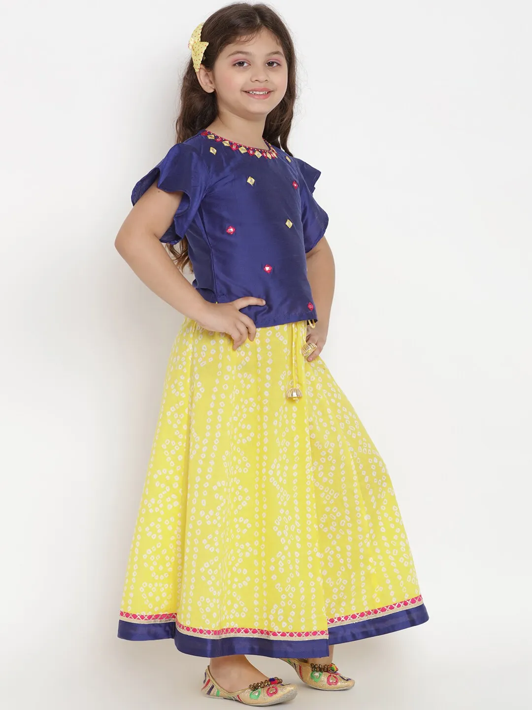 Girl's Blue & Yellow Solid Lehenga & Blouse Set with Dupatta  - NOZ2TOZ KIDS