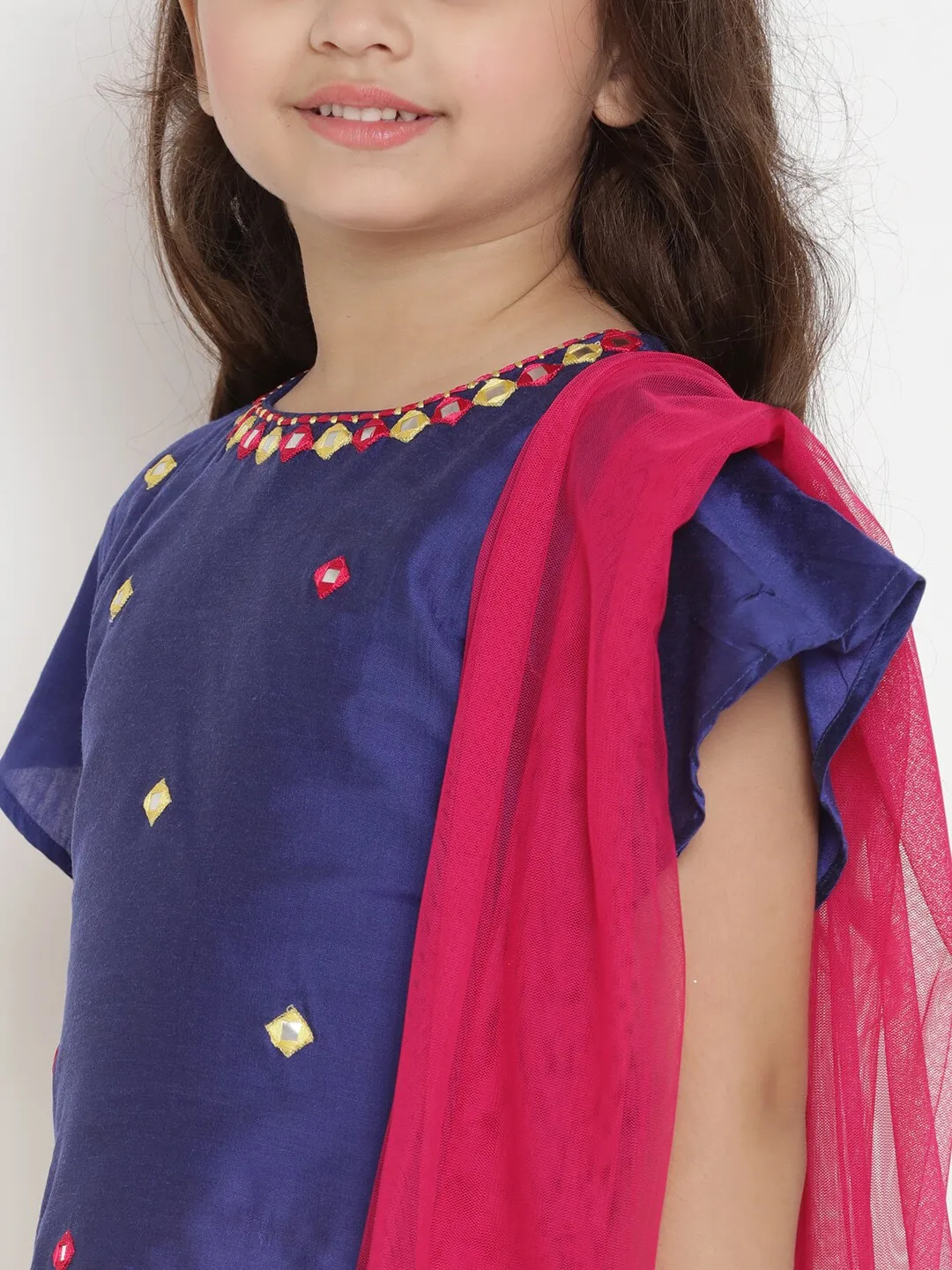 Girl's Blue & Yellow Solid Lehenga & Blouse Set with Dupatta  - NOZ2TOZ KIDS