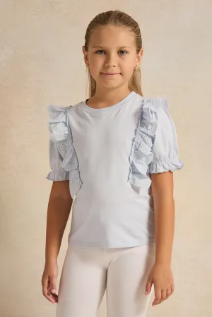 Girls Blue Frill Placement Print Jersey Top