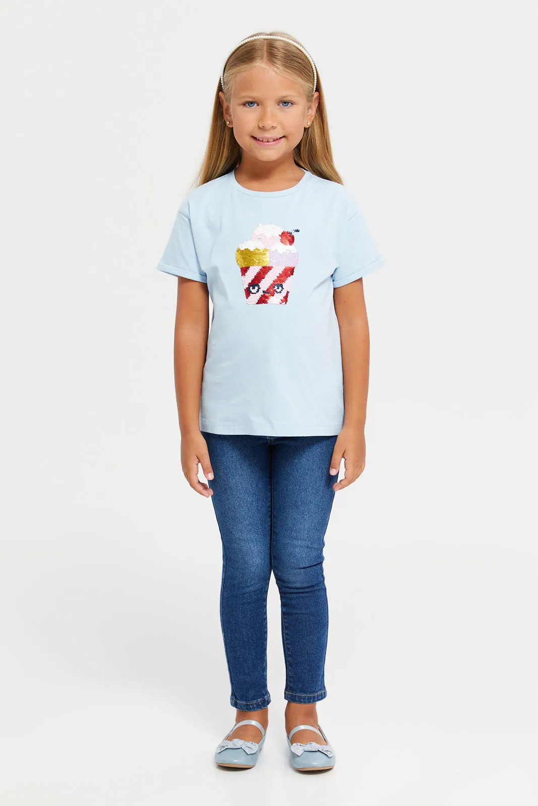 Girls Blue Ice Cream Sequins T-Shirt