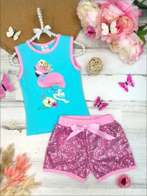 Girls Floral Flamingo Tank and Sequin Bow Short Set