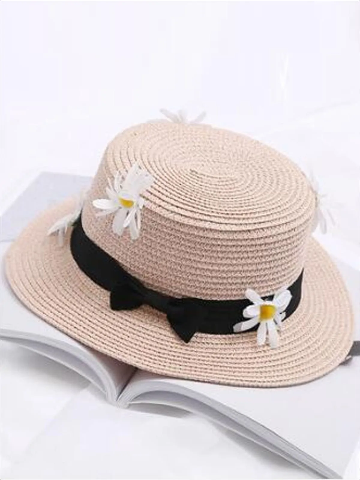 Girls Flower Embellished Bow Tie Straw Hat