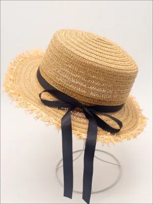 Girls Frayed Edge Straw Hat With Long Ribbon and Bow