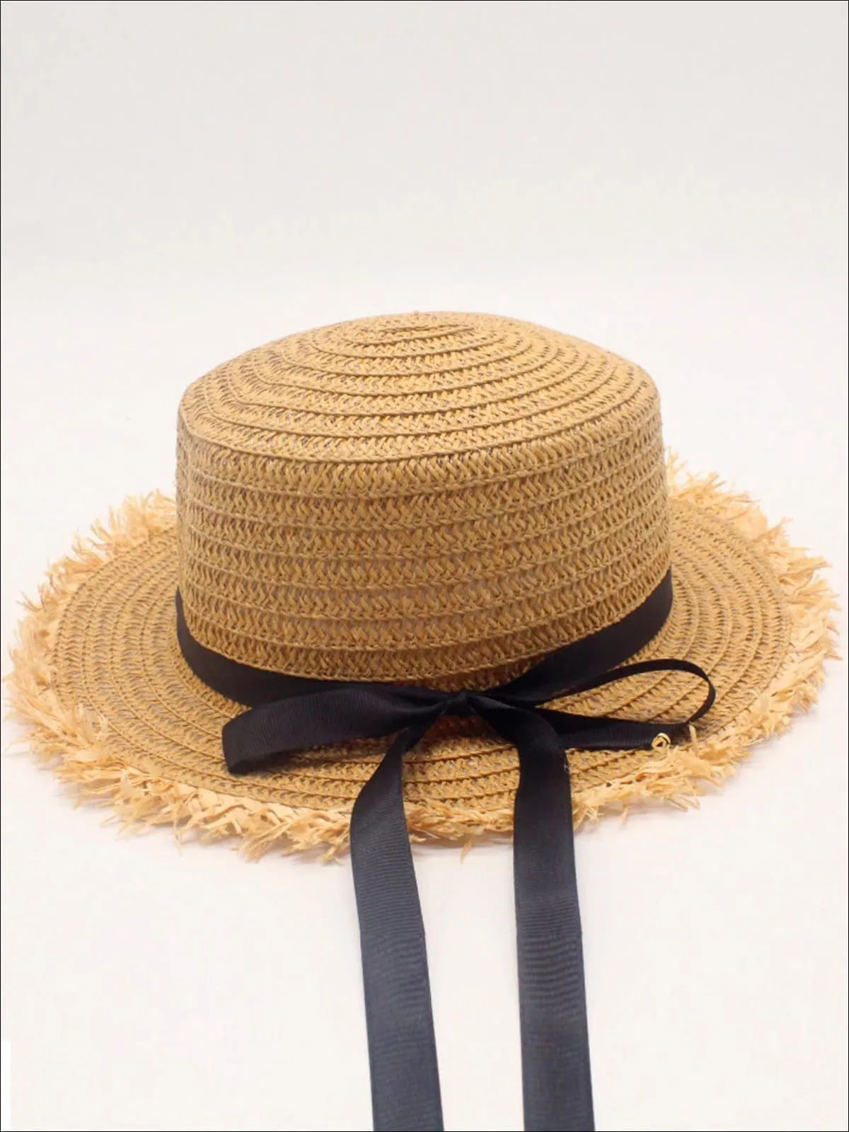 Girls Frayed Edge Straw Hat With Long Ribbon and Bow