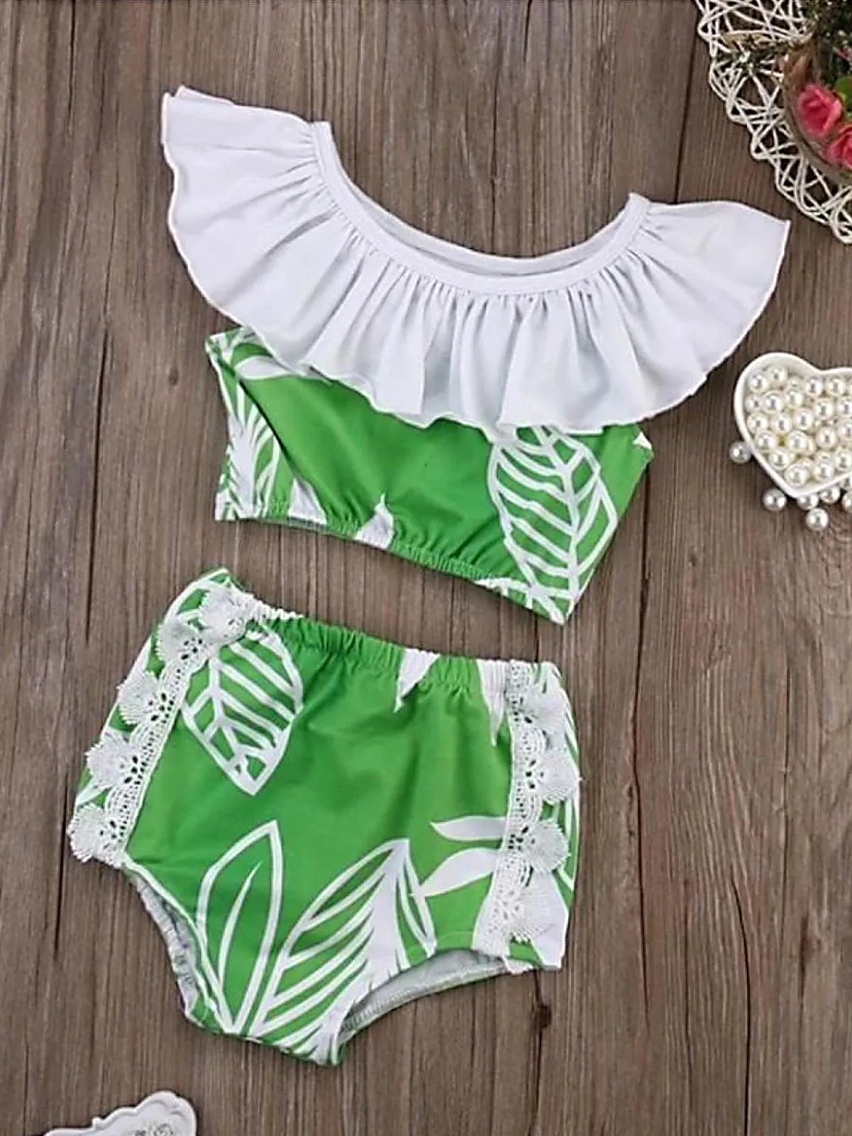 Girls Green Botanical Print Ruffle Crochet High Waisted Swimsuit