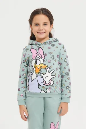 Girls Green Daisy Sage Printed Hooded Sweatshirts