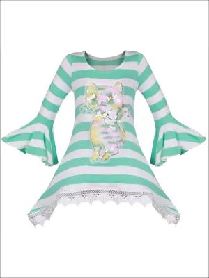 Girls Mint And Creme Striped Long Bell Sleeve Crochet Hem Tunic with Sequin Cat Applique