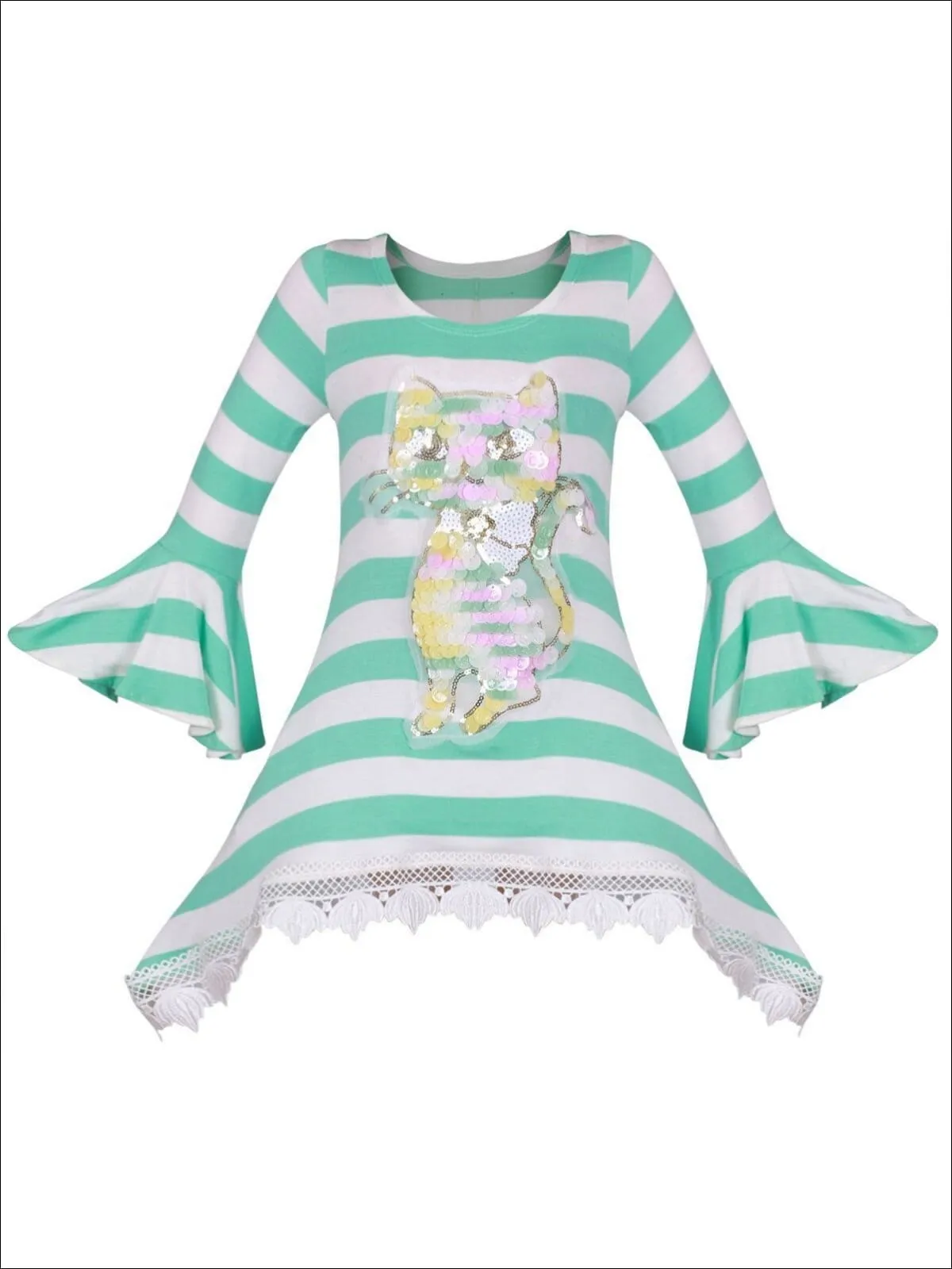 Girls Mint And Creme Striped Long Bell Sleeve Crochet Hem Tunic with Sequin Cat Applique