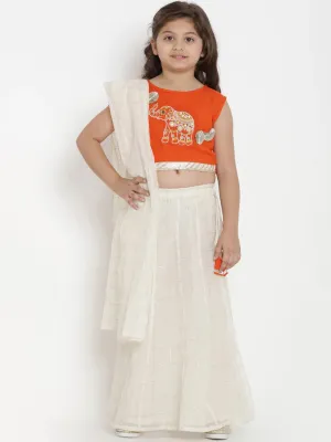 Girl's Off-White & Orange Solid Lehenga & Blouse Set with Dupatta  - NOZ2TOZ KIDS