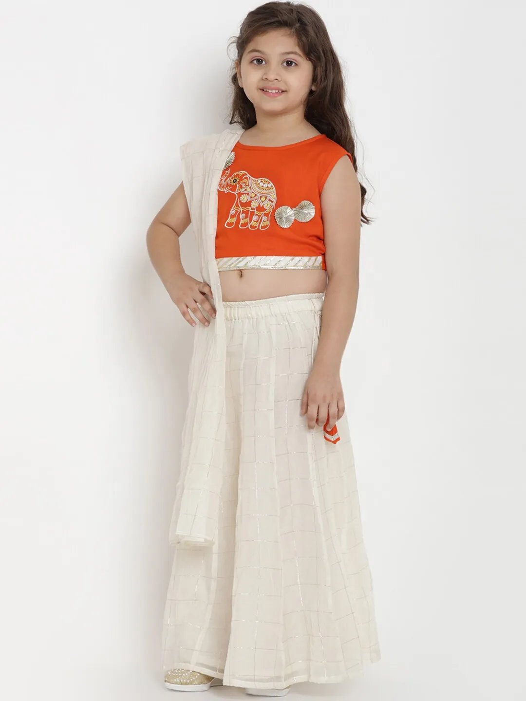 Girl's Off-White & Orange Solid Lehenga & Blouse Set with Dupatta  - NOZ2TOZ KIDS