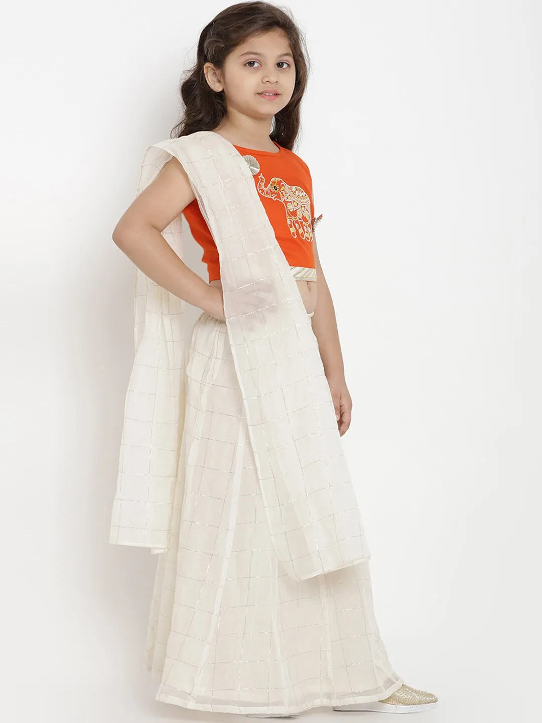 Girl's Off-White & Orange Solid Lehenga & Blouse Set with Dupatta  - NOZ2TOZ KIDS