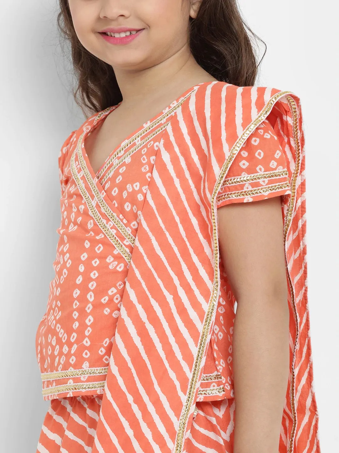 Girl's Orange & White Printed Lehenga & Blouse Set with Dupatta  - NOZ2TOZ KIDS