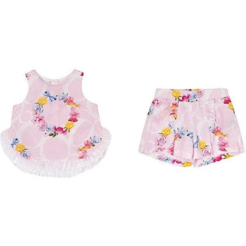 Girls Pink & White Ruffle Hem Short Set