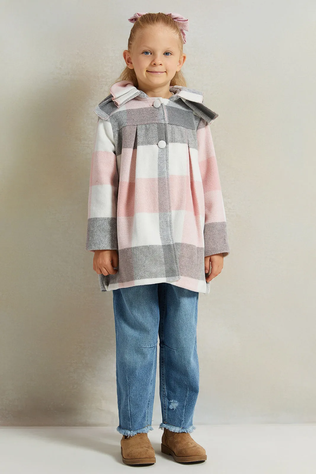 Girls Pink Checks Frill Collar Jacket