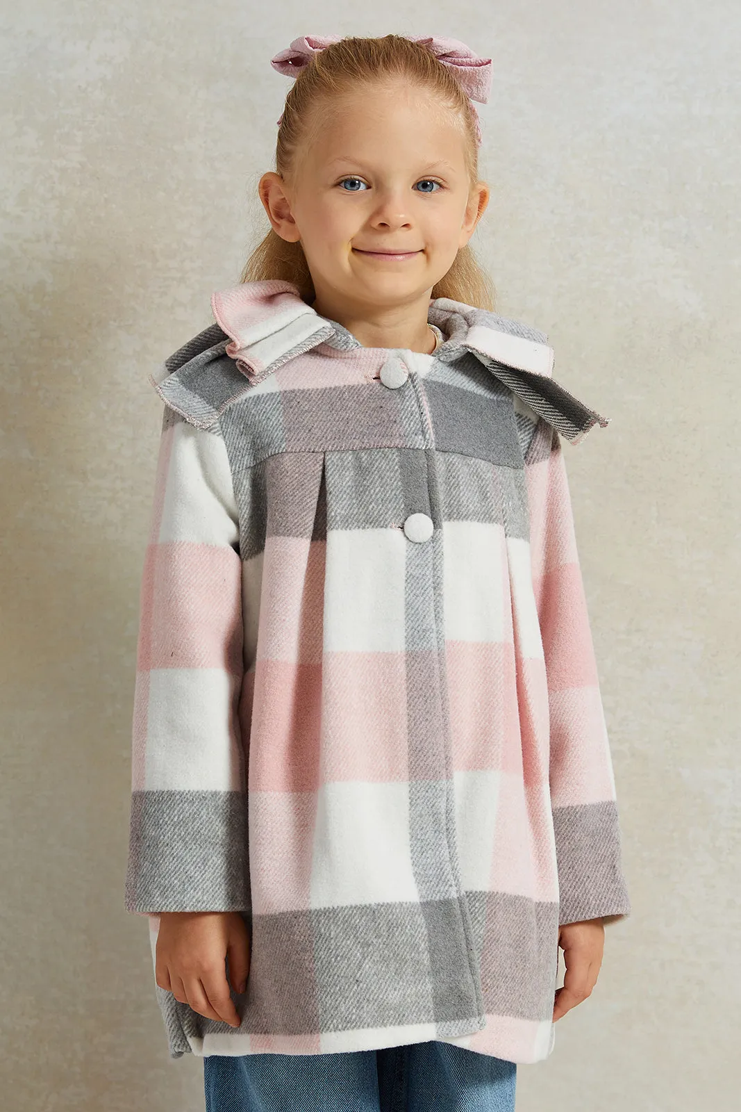 Girls Pink Checks Frill Collar Jacket