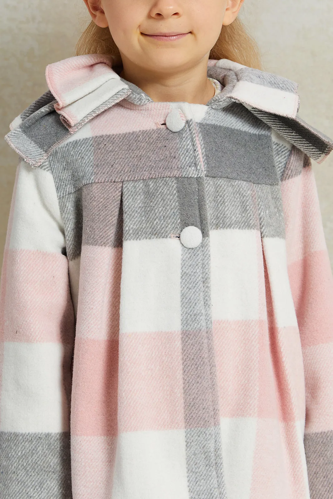 Girls Pink Checks Frill Collar Jacket