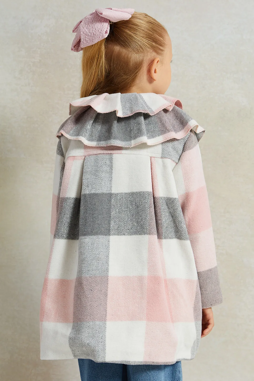 Girls Pink Checks Frill Collar Jacket