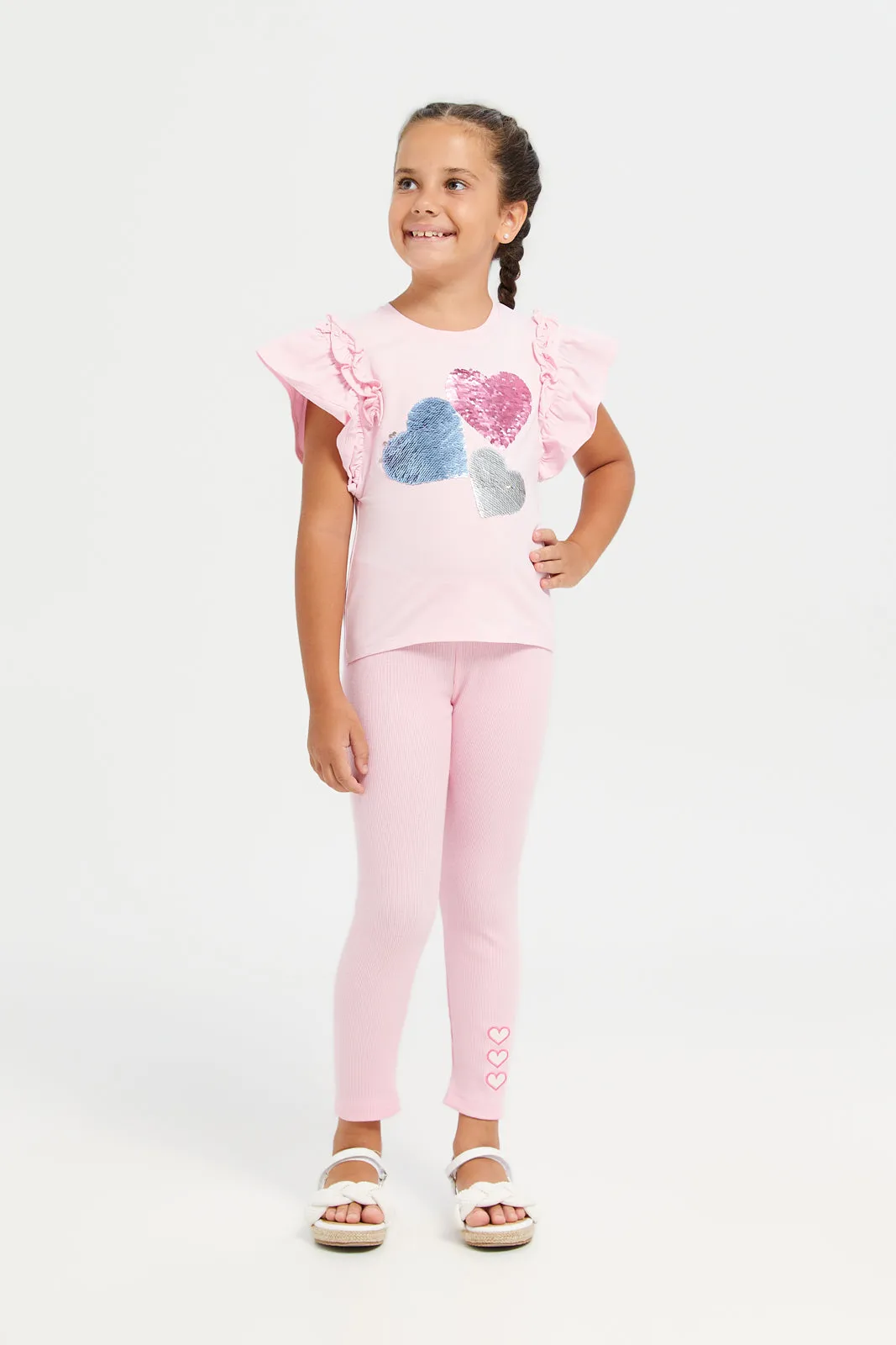 Girls Pink Heart Sequins T-Shirt