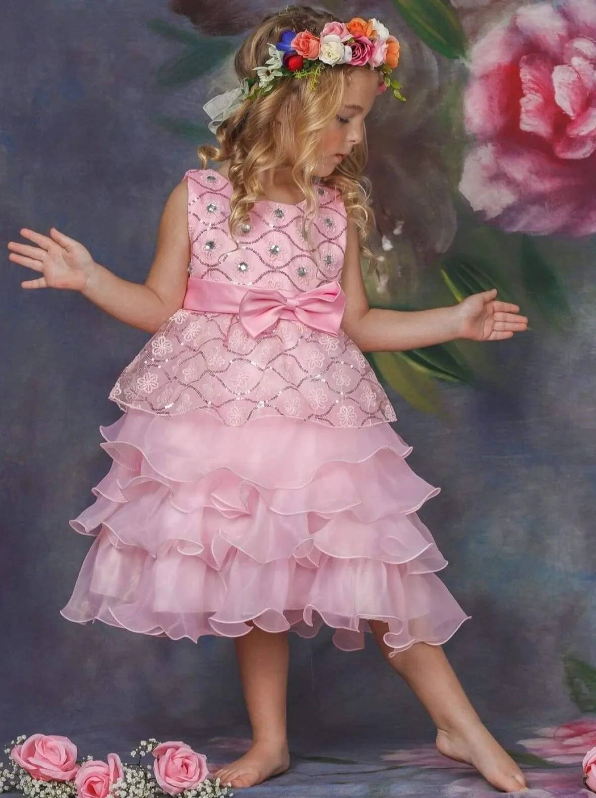 Girls Pink Princess Cascading Ruffle Flower Embroidery Party Dress with Bow