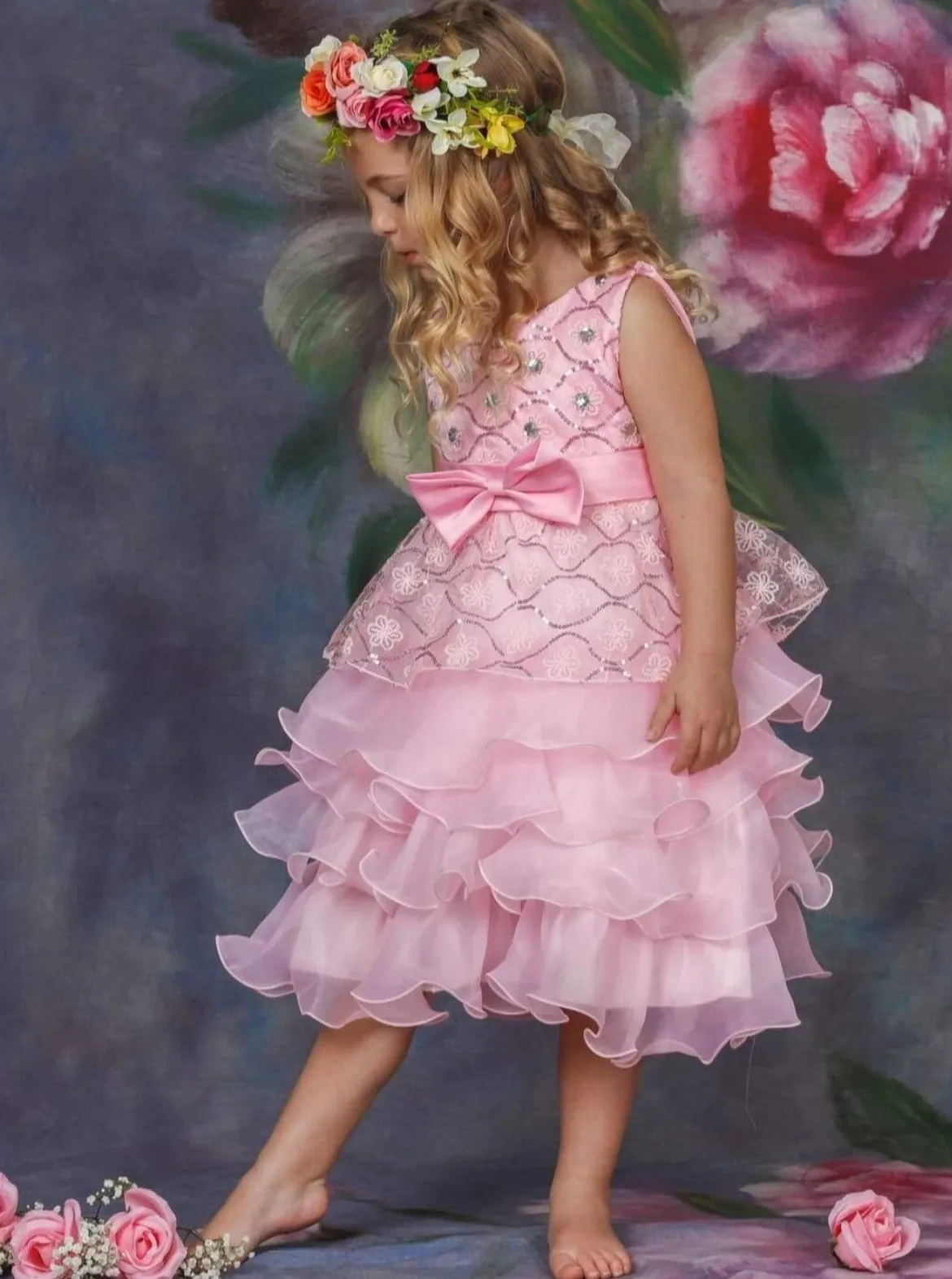 Girls Pink Princess Cascading Ruffle Flower Embroidery Party Dress with Bow