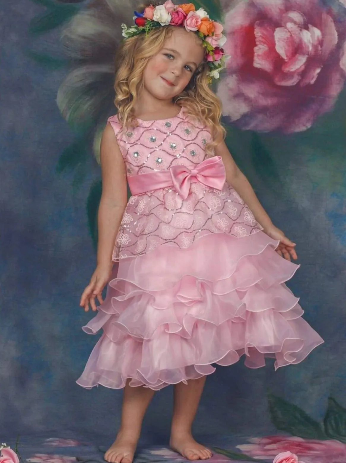 Girls Pink Princess Cascading Ruffle Flower Embroidery Party Dress with Bow