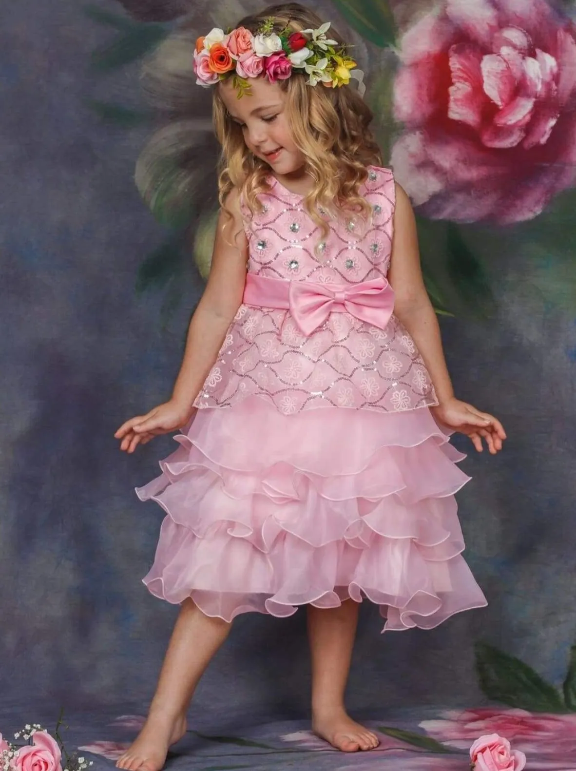 Girls Pink Princess Cascading Ruffle Flower Embroidery Party Dress with Bow