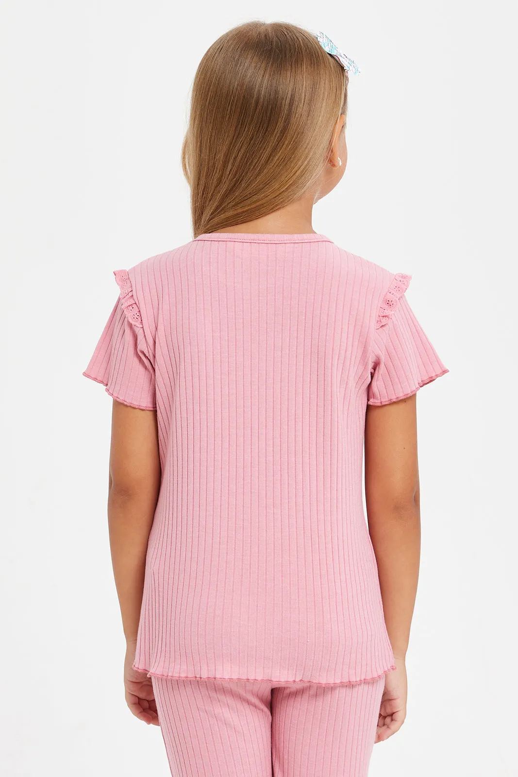 Girls Pink Ribbed Ruffles Sleeve T-Shirt