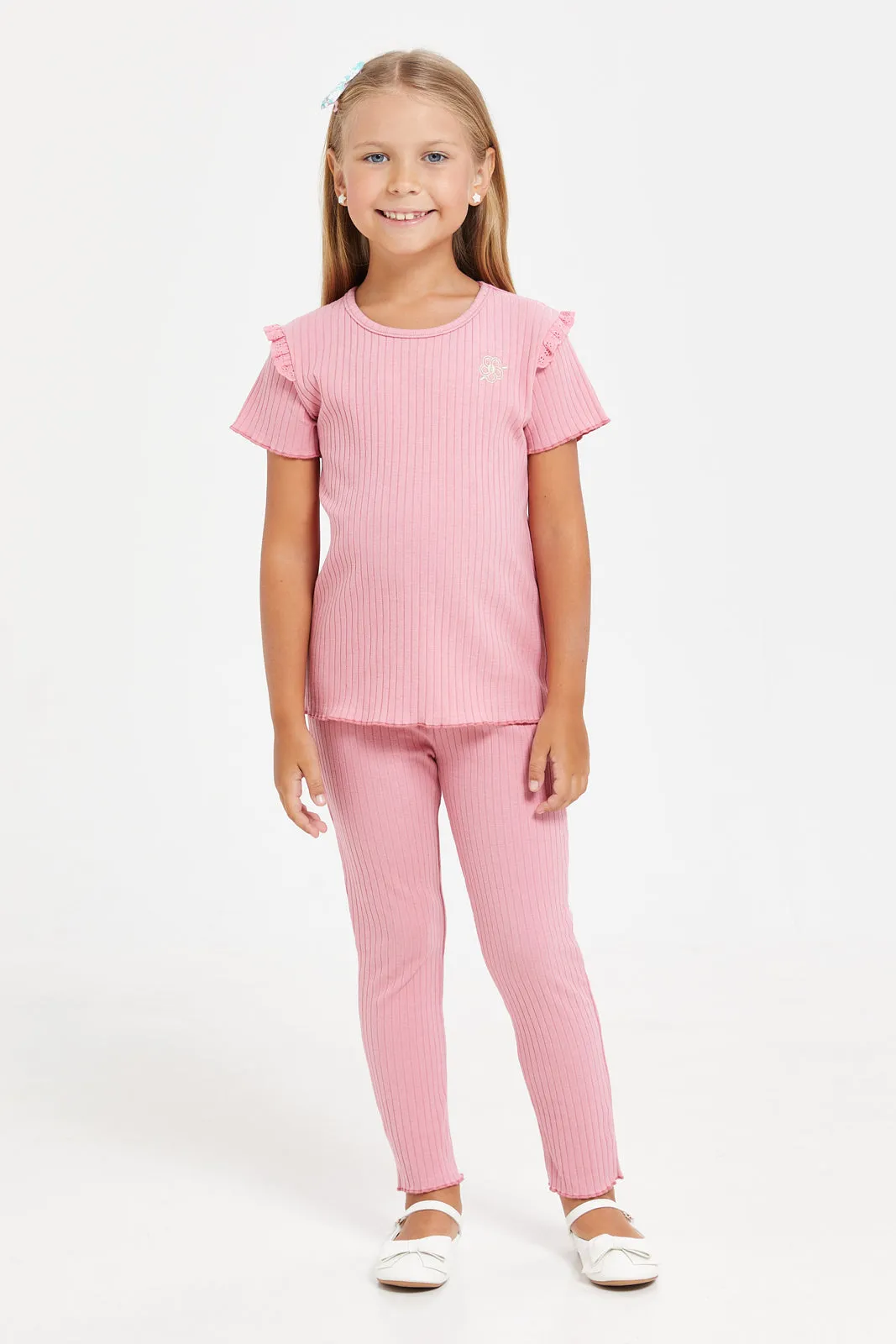 Girls Pink Ribbed Ruffles Sleeve T-Shirt