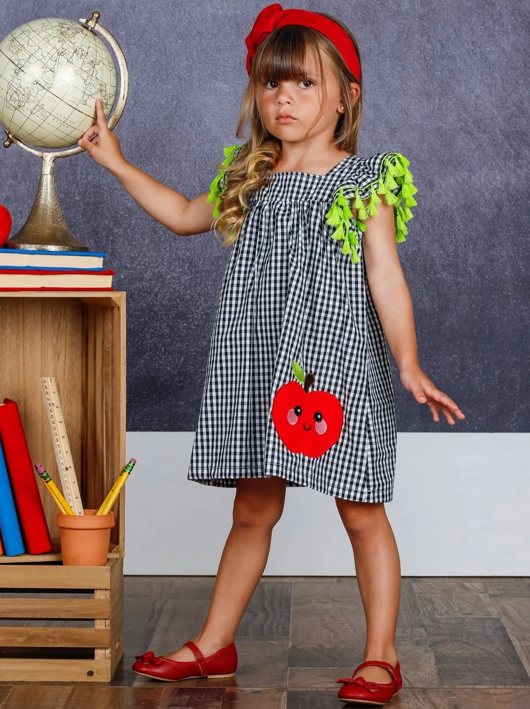 Girls Plaid Smiley Apple Tassel Dress