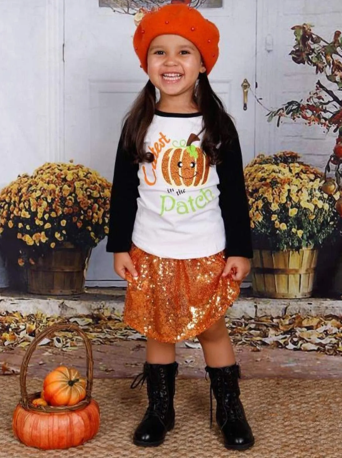 Girls  "Cutest Pumpkin in the Patch" Printed Long Sleeve Raglan Top And Sequin Skirt Set