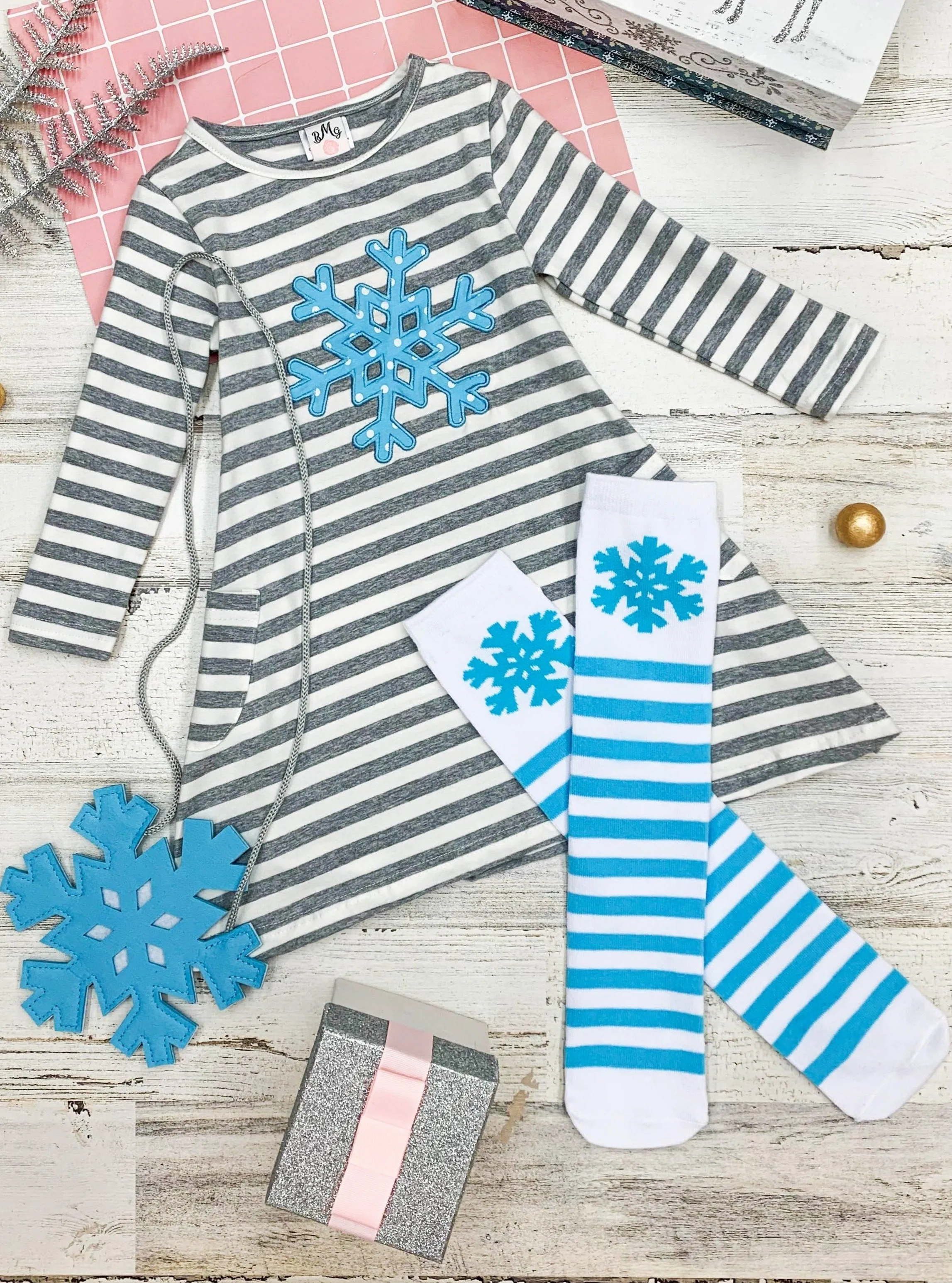 Girls "Snowflake" Striped Print Dress, Purse and Socks Set