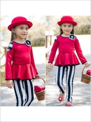 Girls Red/Black Long Sleeve Peplum Patch Top And Legging