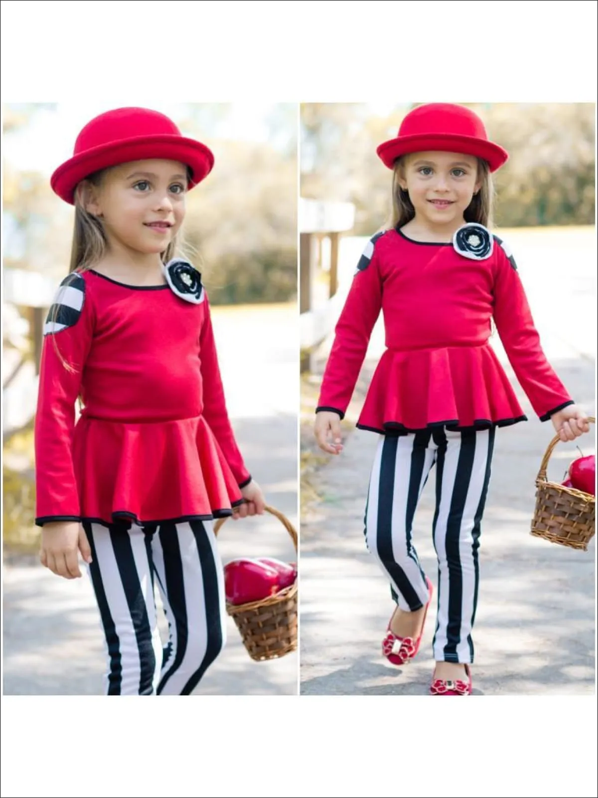 Girls Red/Black Long Sleeve Peplum Patch Top And Legging