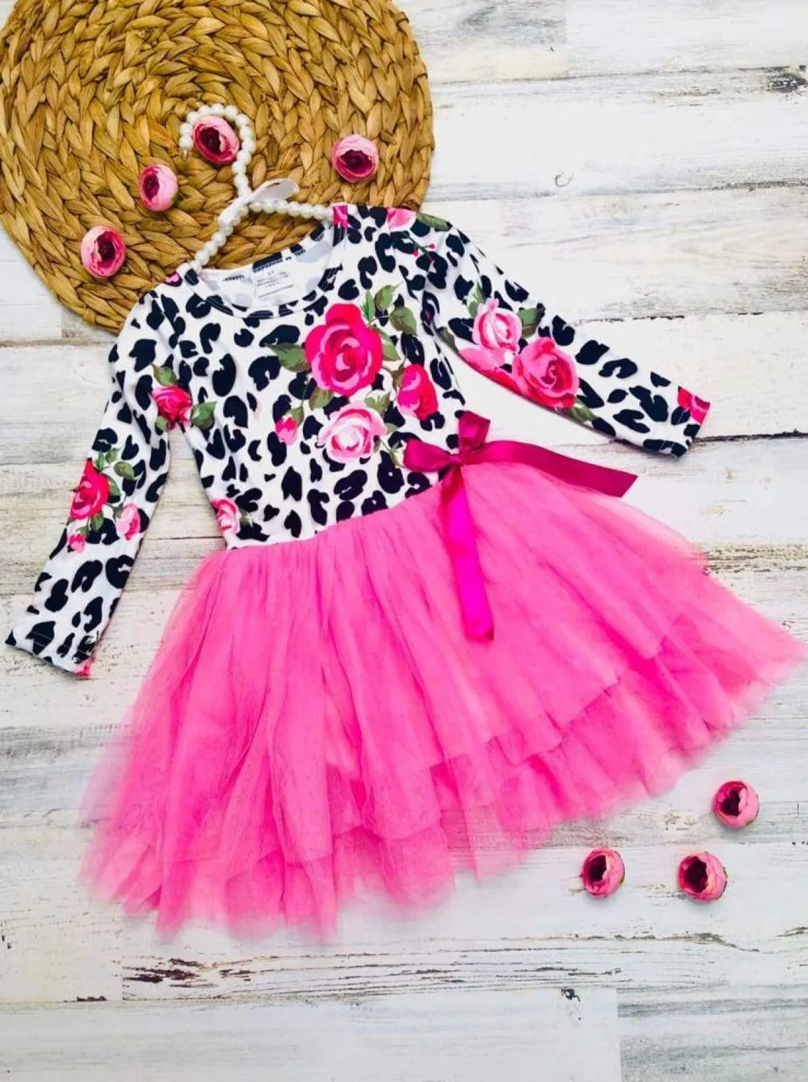 Girls Rose Animal Print Long Sleeve Tutu Skirt Dress with Bow