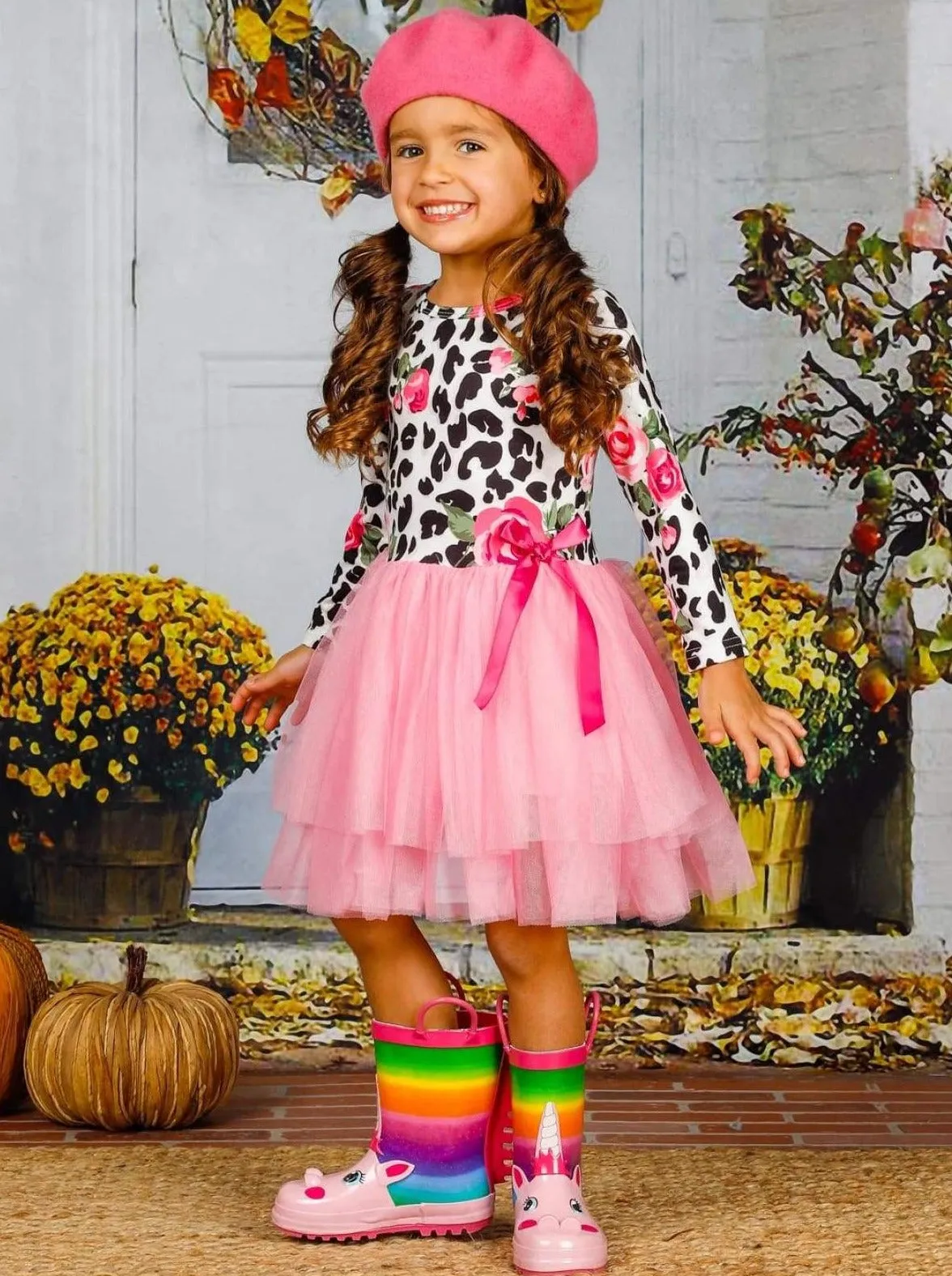 Girls Rose Animal Print Long Sleeve Tutu Skirt Dress with Bow