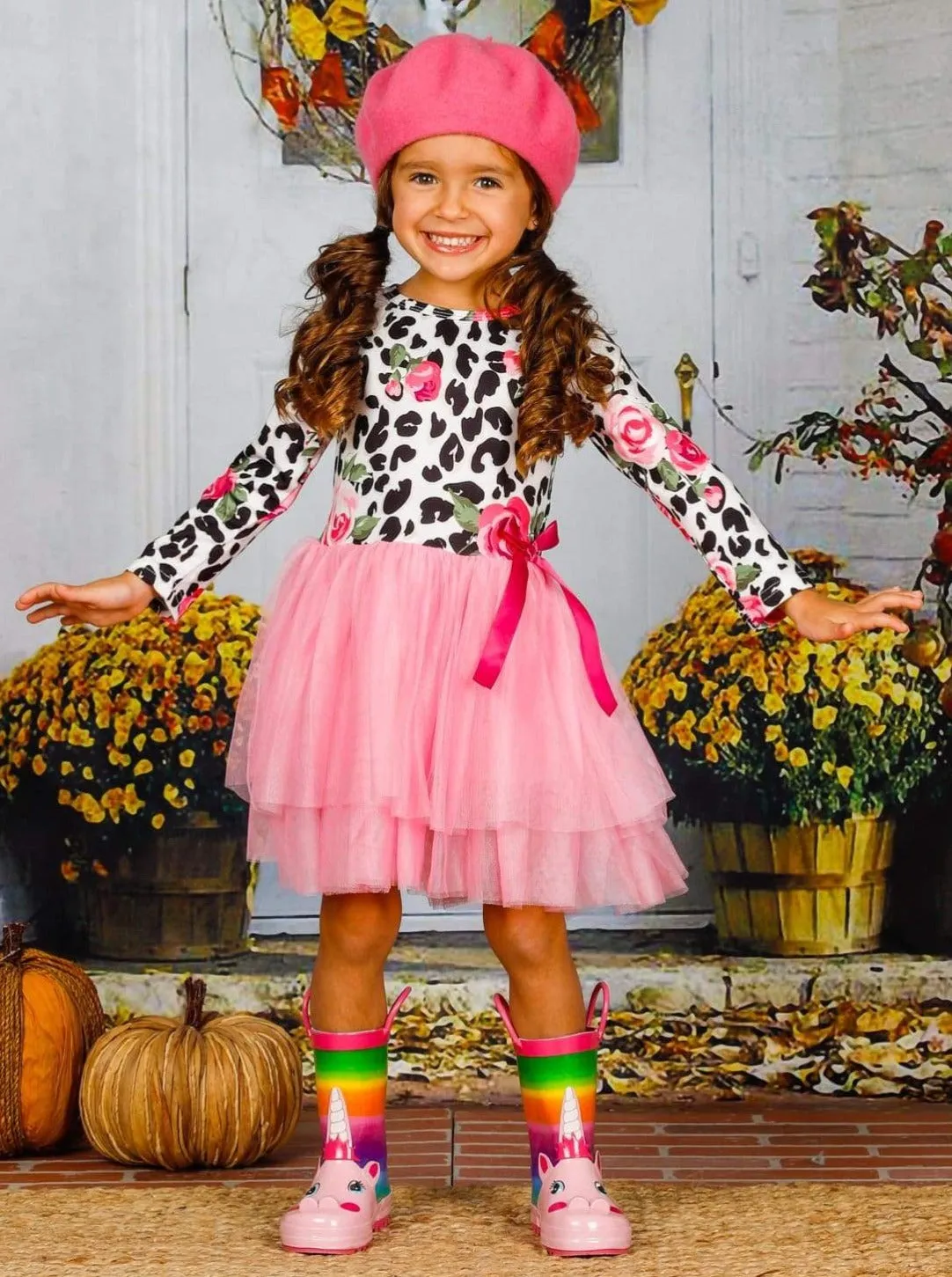 Girls Rose Animal Print Long Sleeve Tutu Skirt Dress with Bow