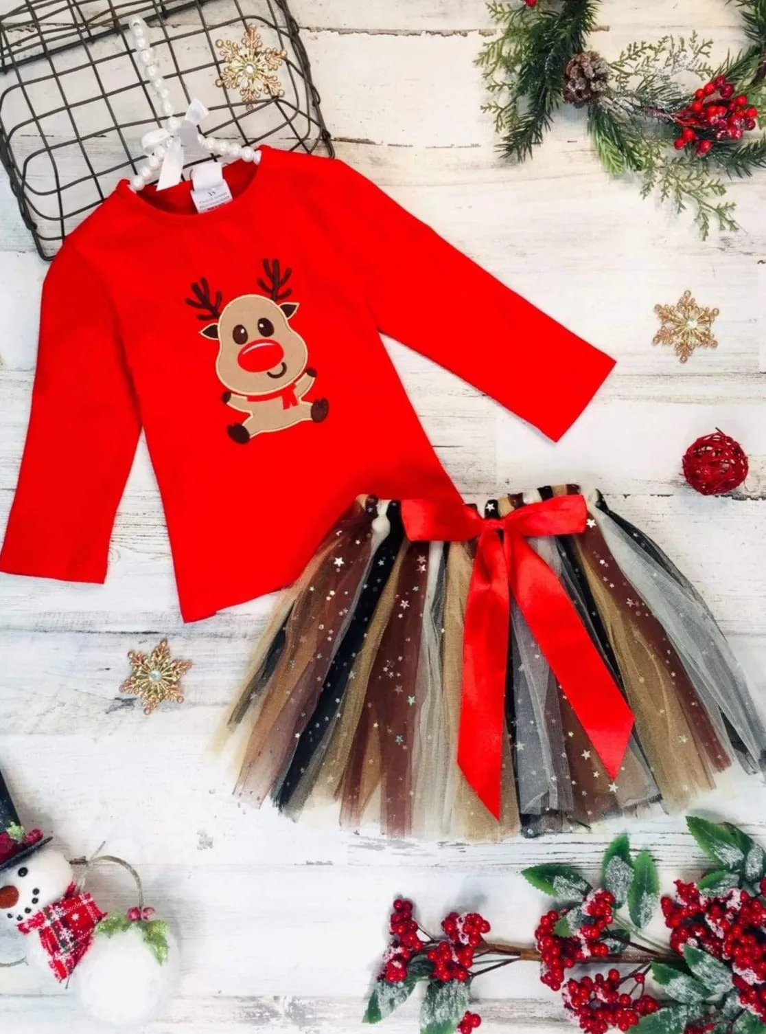 Girls Rudolph Top And Tutu Star Bow Skirt Set