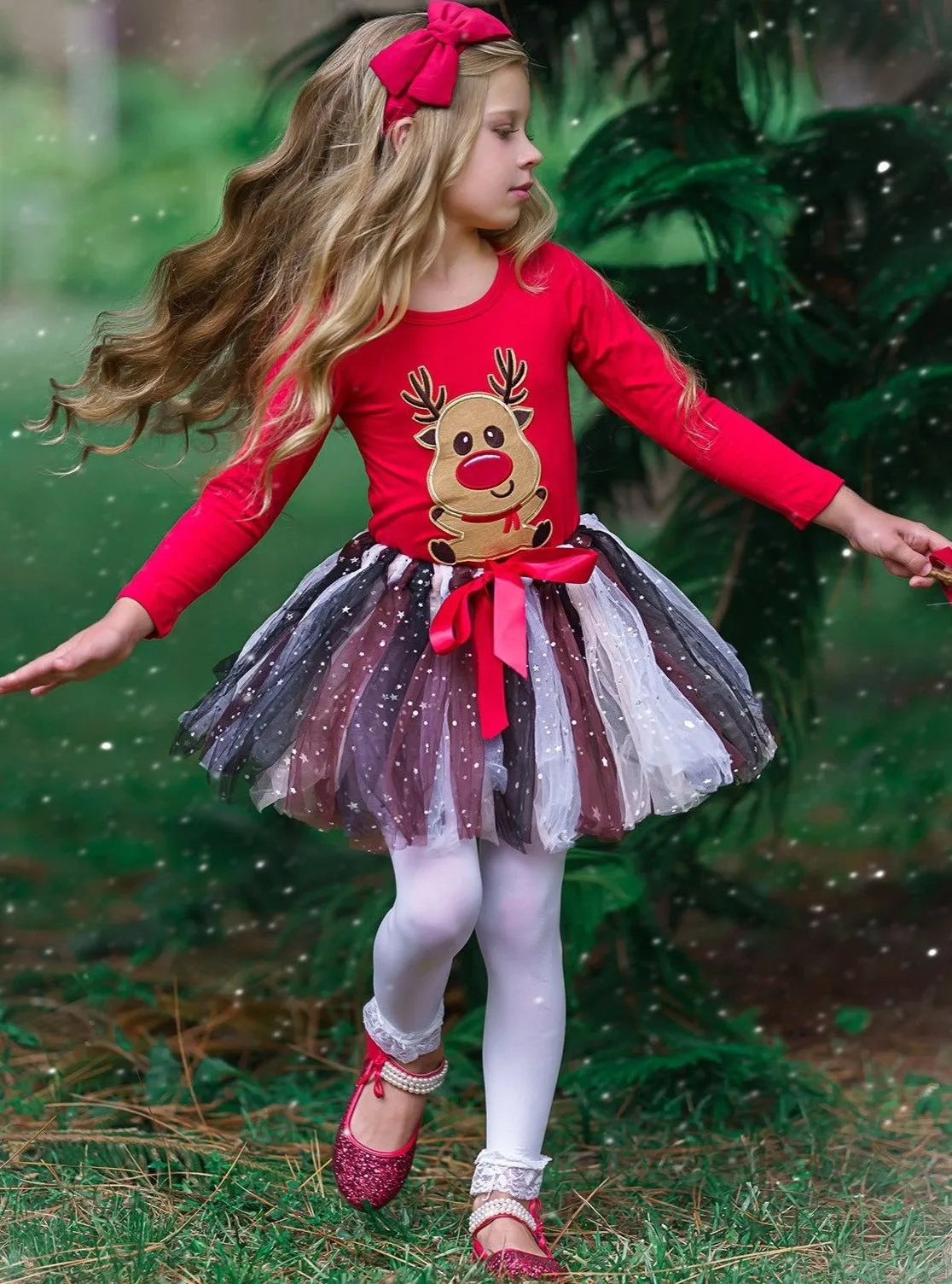 Girls Rudolph Top And Tutu Star Bow Skirt Set