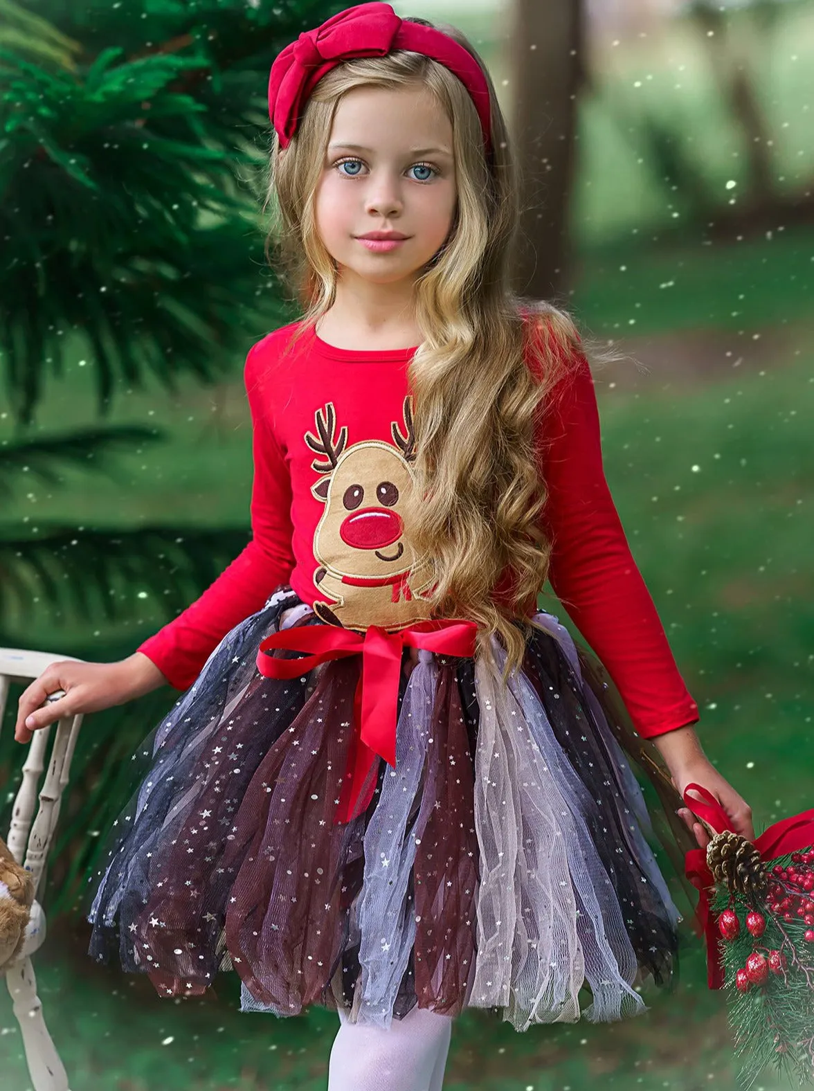 Girls Rudolph Top And Tutu Star Bow Skirt Set