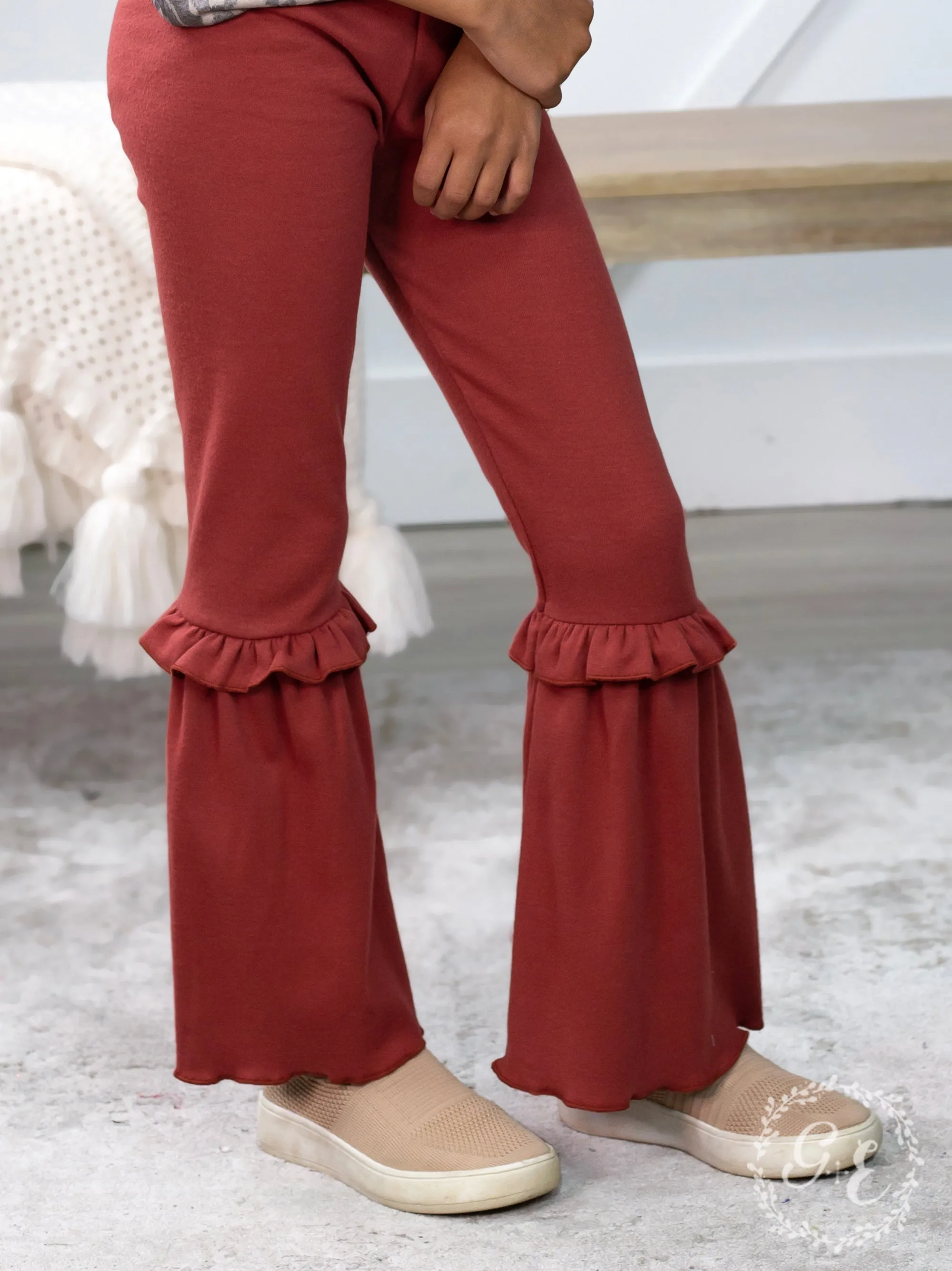 Girls Ruffle My Feathers Flare Pants with Ruffle, Mauve