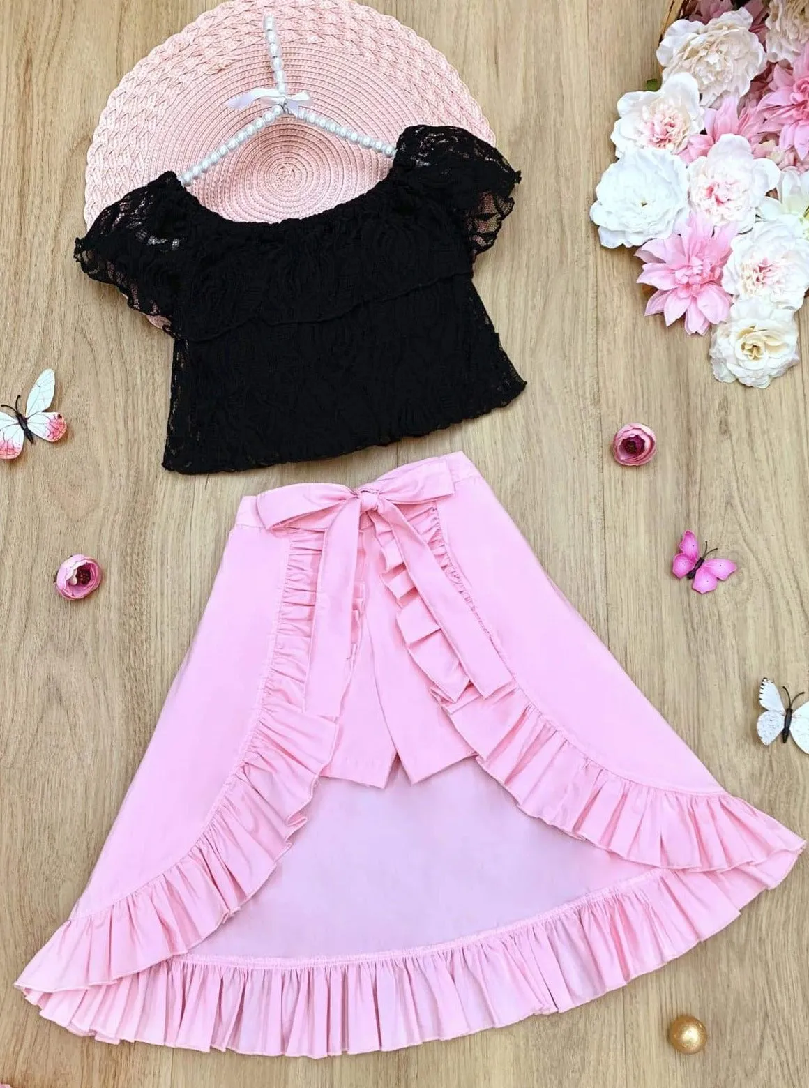 Girls Spring Fling Lace Crop Top, Shorts and Wrap Skirt Set