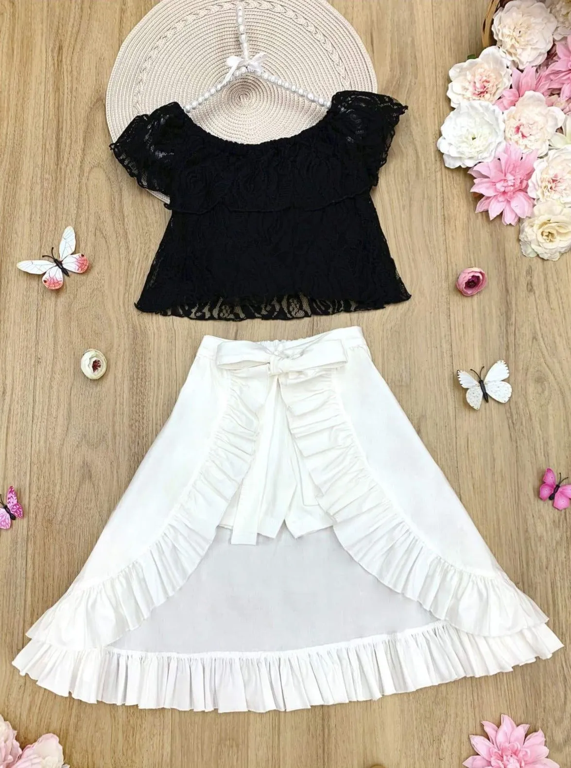 Girls Spring Fling Lace Crop Top, Shorts and Wrap Skirt Set