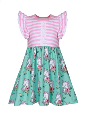 Girls Striped And Unicorn Floral Print A-Line Flutter Sleeve Front Button Crochet Dress