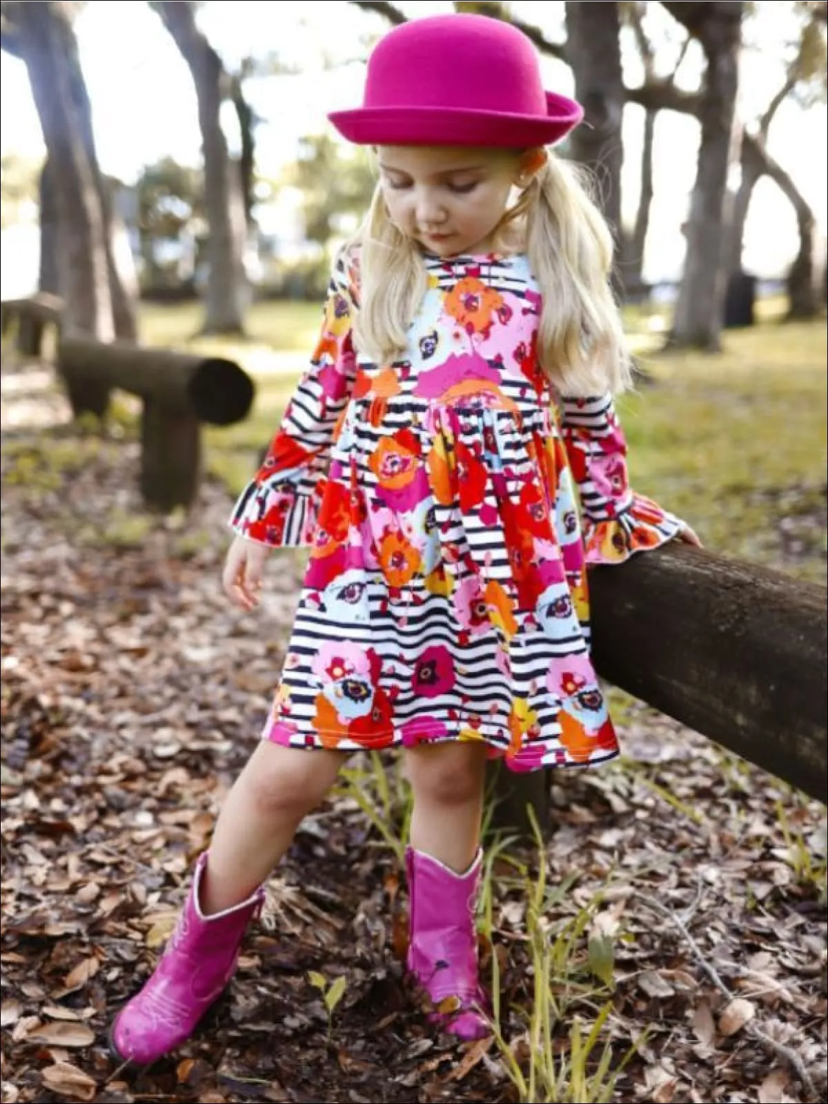 Girls Striped Floral A-Line Long Flared Sleeve Dress