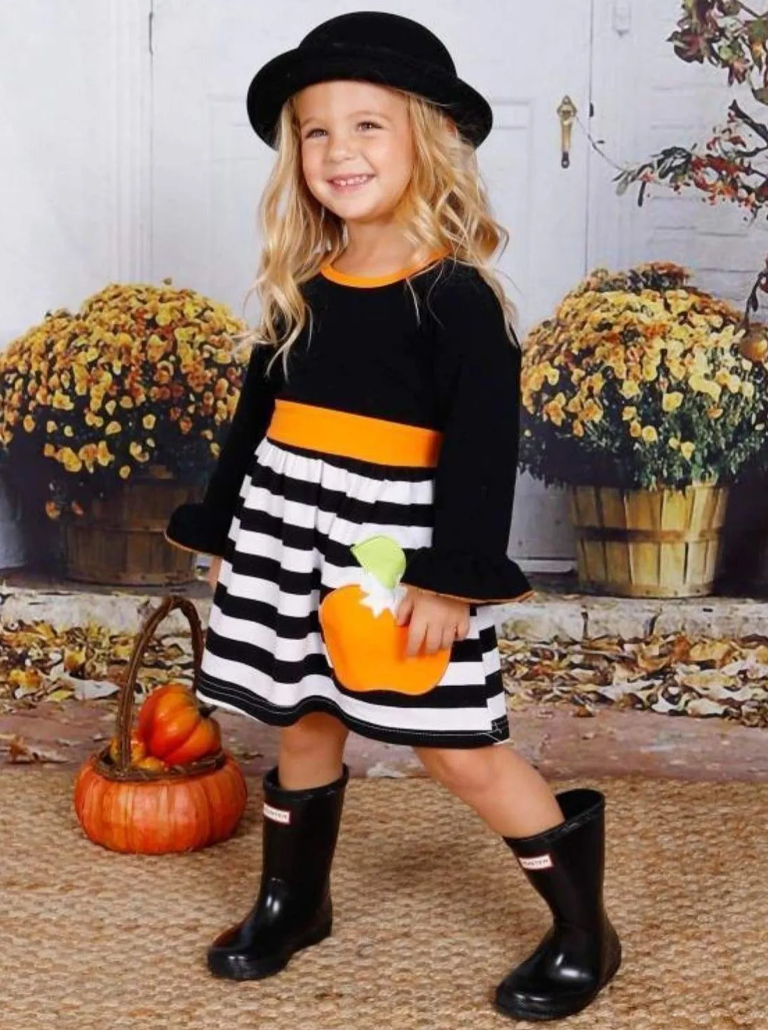 Girls Striped Long Flared Sleeve Dress with Pumpkin Applique