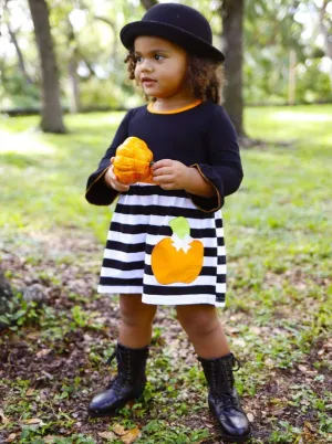 Girls Striped Long Flared Sleeve Dress with Pumpkin Applique