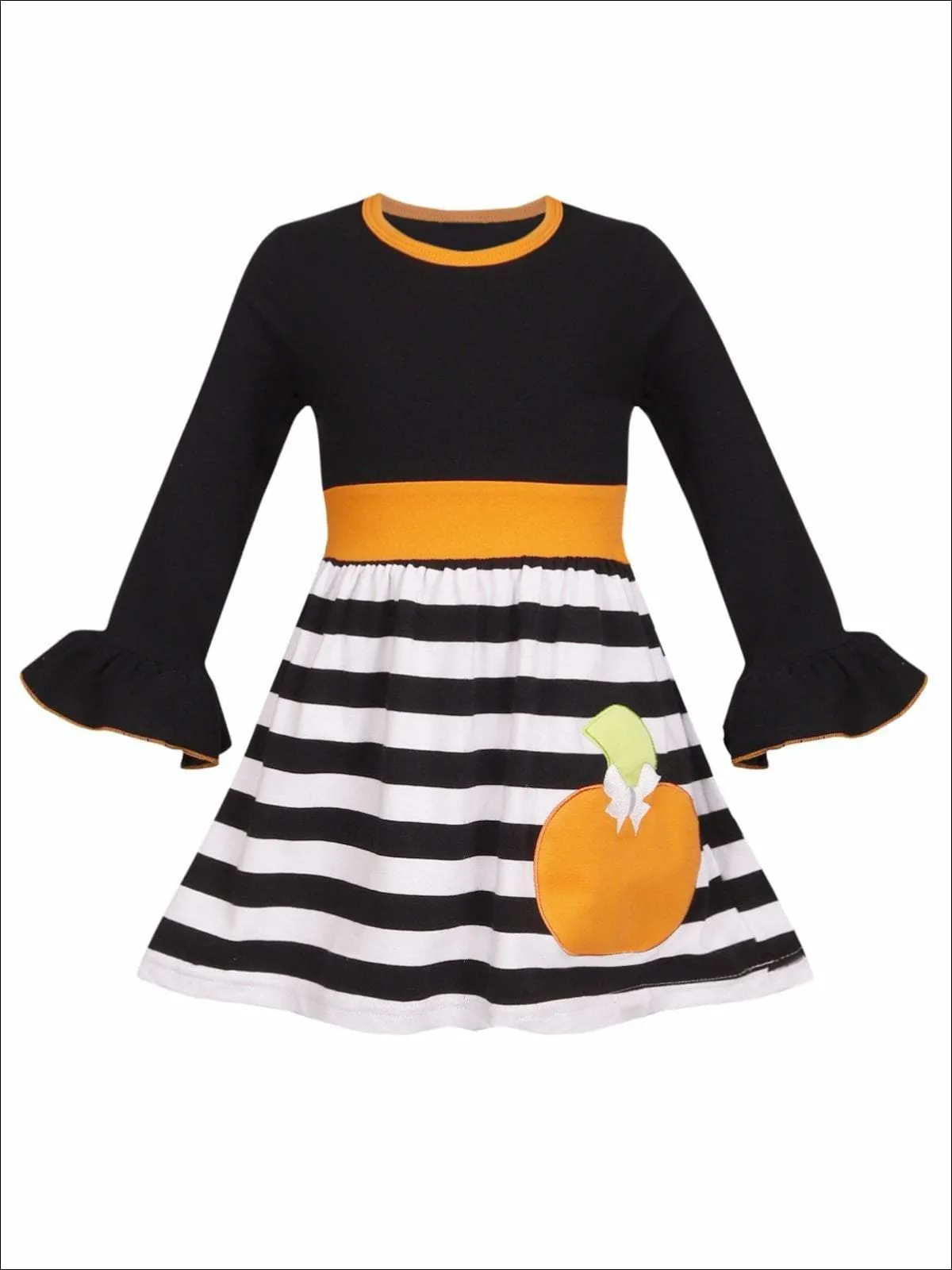 Girls Striped Long Flared Sleeve Dress with Pumpkin Applique