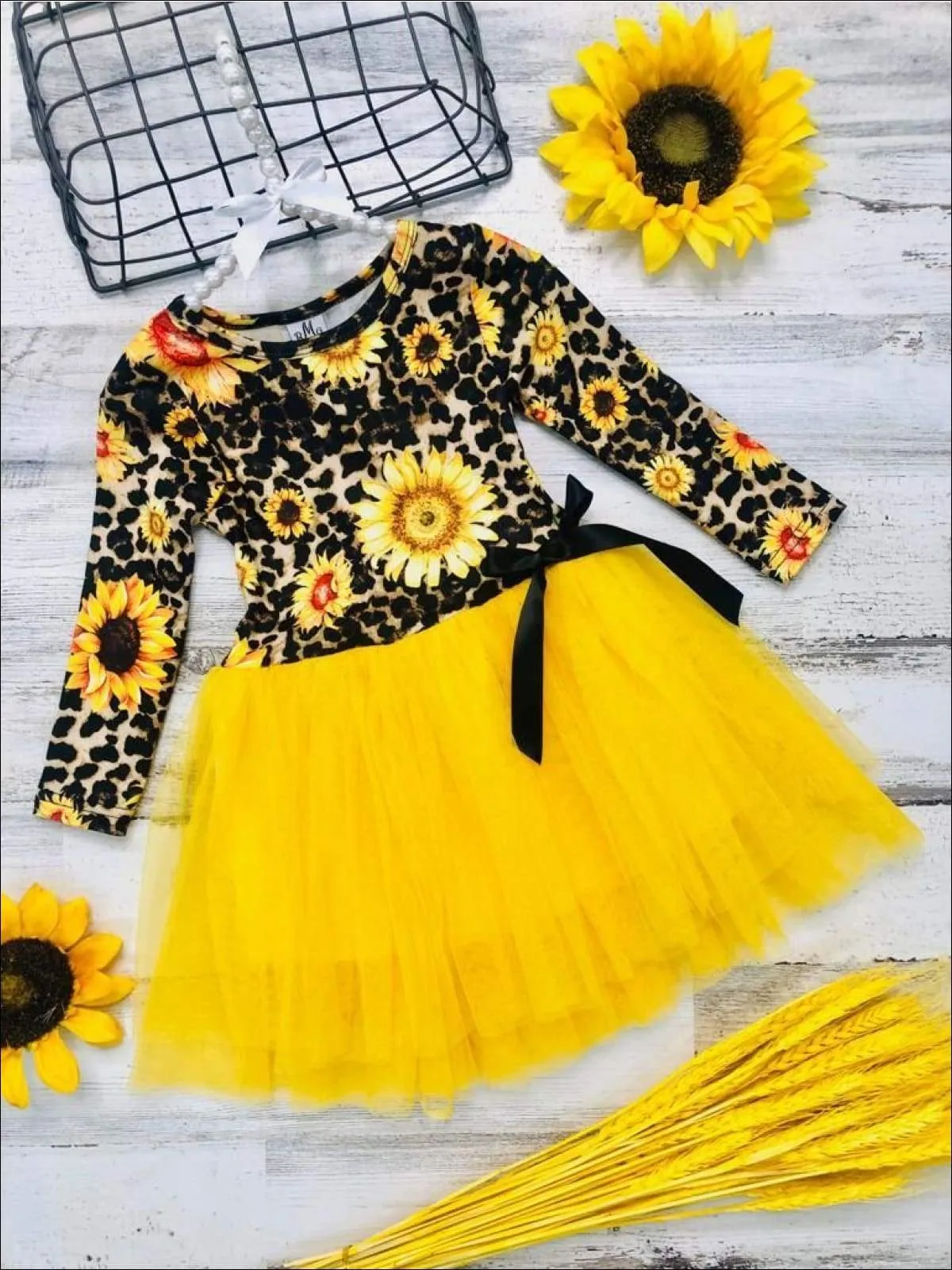 Girls Sunflower Animal Print Long Sleeve Tutu Skirt Dress with Bow