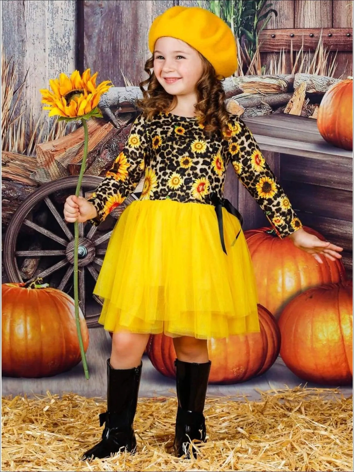 Girls Sunflower Animal Print Long Sleeve Tutu Skirt Dress with Bow